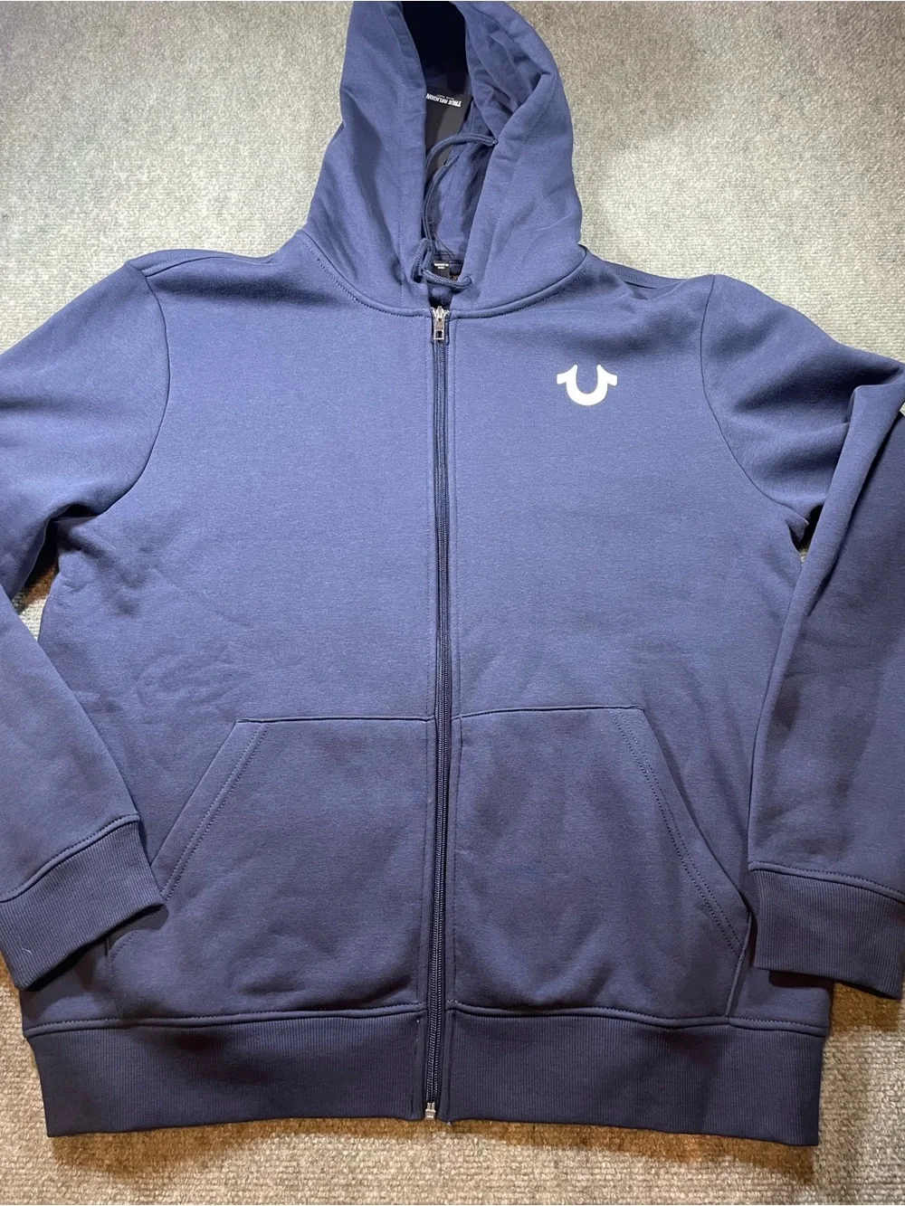 True Religion Men's Navy Zip-Up Hoodie with Red Logo and White Graphic